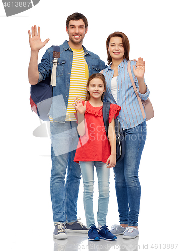 Image of happy family with backpacks waving hands