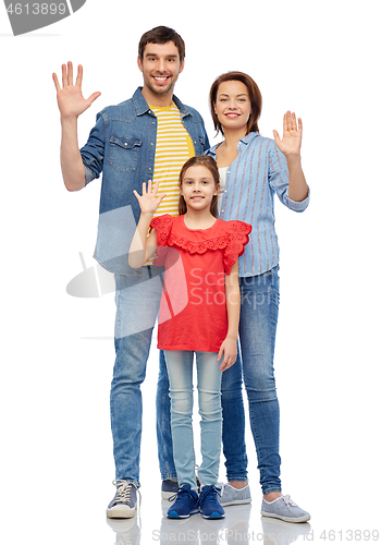 Image of happy family waving hand over white background