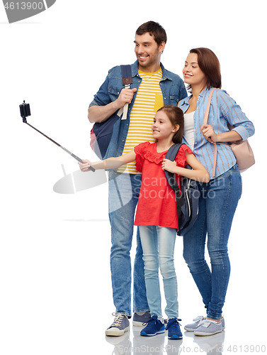 Image of happy family with backpacks taking selfie