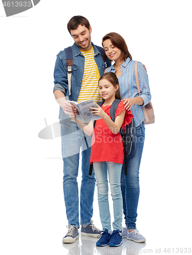 Image of happy family with travel guide and backpacks