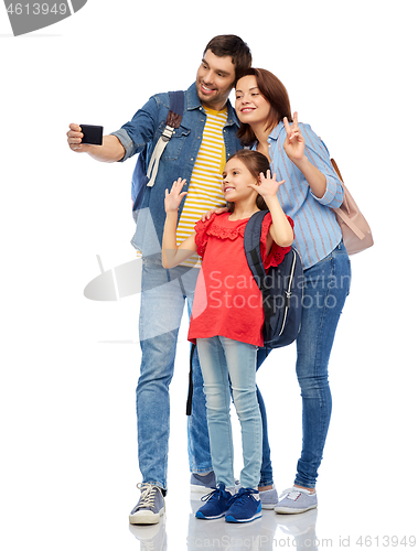 Image of happy family with backpacks taking selfie