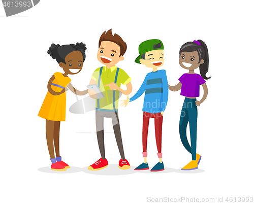 Image of Multicultural group of teenagers looking at phone.