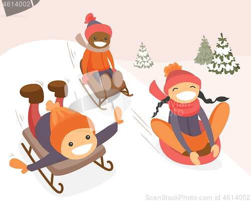 Image of Group of multicultural kids enjoying a sleigh ride