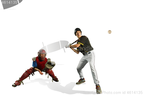 Image of The two caucasian men baseball players playing in studi. silhouettes isolated on white background