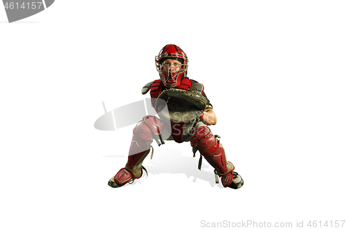 Image of one caucasian man baseball player playing in studio silhouette isolated on white background