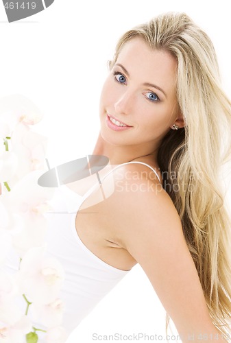 Image of blonde in cotton underwear with orchid