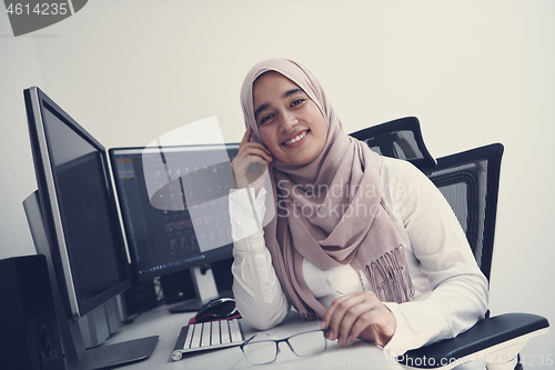 Image of Arabic creative professional  working at home office on desktop 