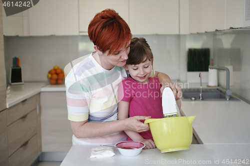 Image of Mother and daughter playing and preparing dough in the kitchen.