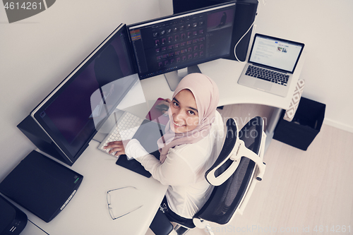 Image of Arabic creative professional  working at home office top view