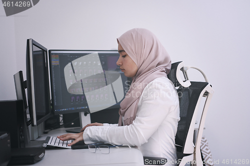 Image of Arabic creative professional  working at home office on desktop 