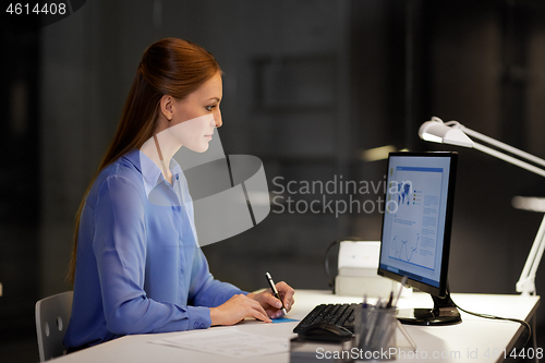 Image of businesswoman at computer working at night office