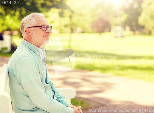 Image of happy senior man in glasses sitting at summer park