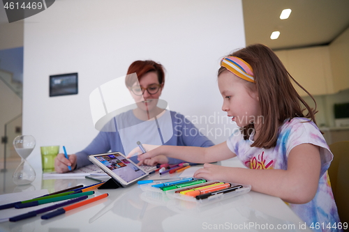 Image of Mother and little daughter  playing together  drawing creative a