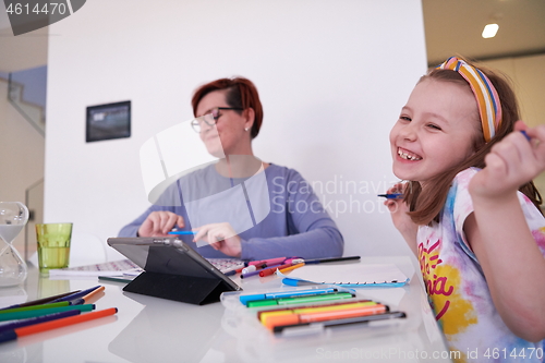 Image of Mother and little daughter  playing together  drawing creative a