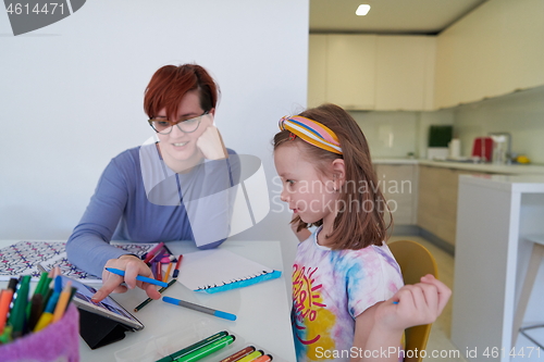 Image of Mother and little daughter  playing together  drawing creative a