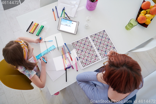 Image of Mother and little daughter  playing together  drawing creative a