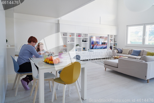 Image of Mother and little daughter  playing together  drawing creative a