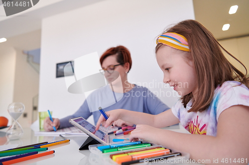 Image of Mother and little daughter  playing together  drawing creative a