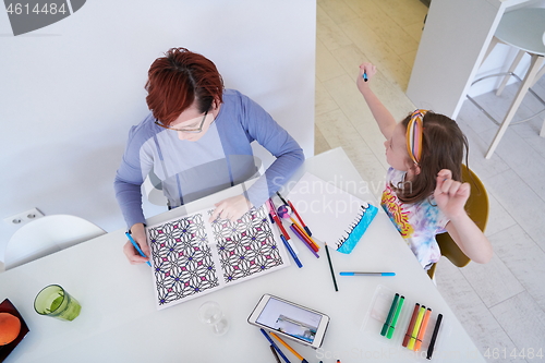 Image of Mother and little daughter  playing together  drawing creative a