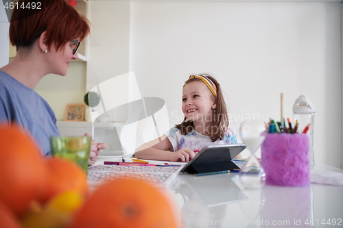 Image of Mother and little daughter  playing together  drawing creative a