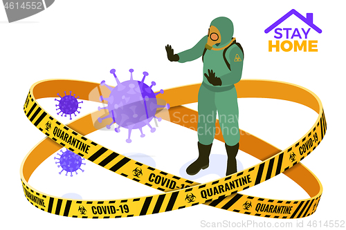 Image of covid-19 quarantine stay home Doctor in protective coverall