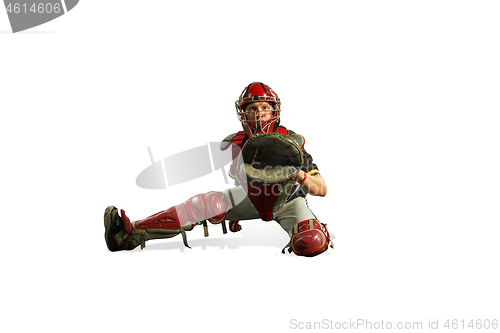 Image of one caucasian man baseball player playing in studio silhouette isolated on white background