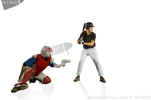 Image of The two caucasian men baseball players playing in studi. silhouettes isolated on white background