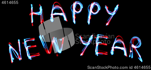 Image of NEW YEAR CELEBRATTION concept. 2019 HAPPY NEW YEAR text fluorescent Neon tube Sign on dark brick wall.