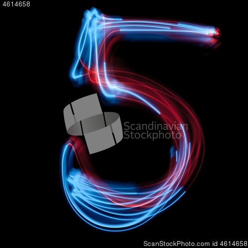 Image of The neon number 5, blue light image