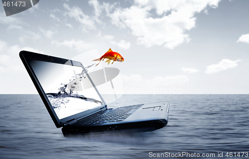 Image of Goldfish jump out of the monitor