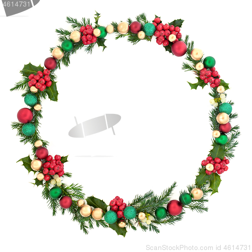 Image of Christmas Wreath with Winter Flora and Baubles 