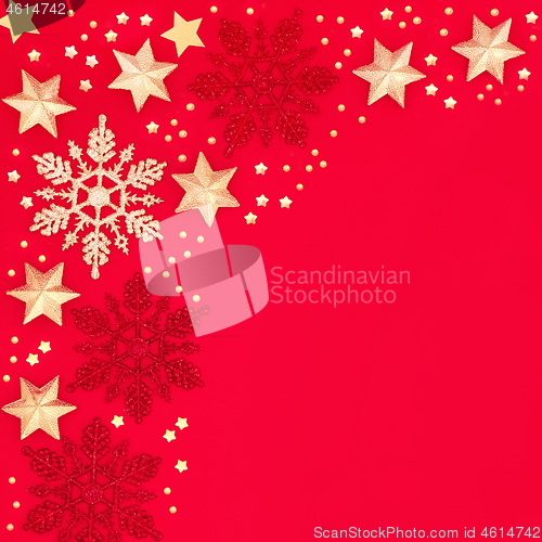 Image of Christmas Snowflake and Star Border on Red Background