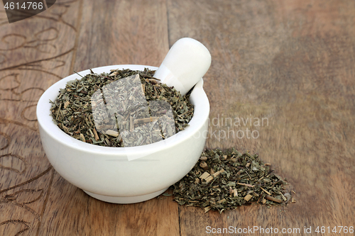 Image of Pulsatilla Herb in a Mortar with Pestle