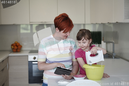 Image of Mother and daughter playing and preparing dough in the kitchen.