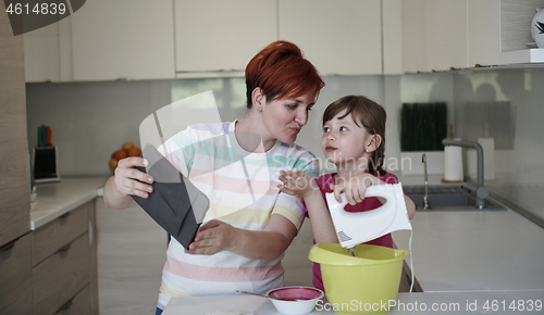 Image of Mother and daughter playing and preparing dough in the kitchen.