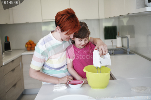 Image of Mother and daughter playing and preparing dough in the kitchen.