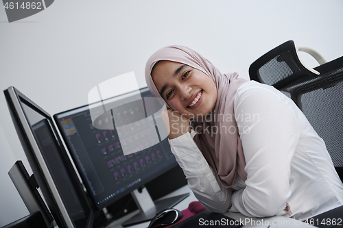 Image of Arabic creative professional  working at home office on desktop 