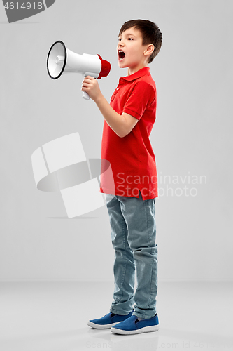 Image of little boy in red polo shouting to megaphone