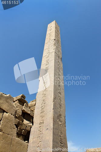 Image of Ancient Obelisk with hieroglyphs at Karnak Temple, Luxor, Egypt