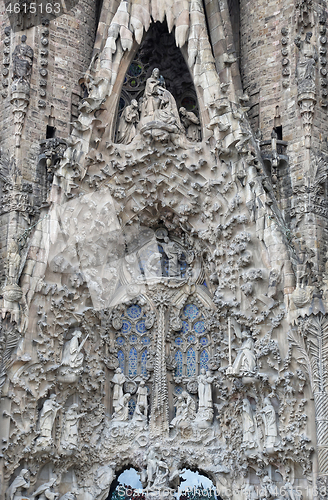 Image of Detail of Nativity facade of Sagrada Familia church in Barcelona