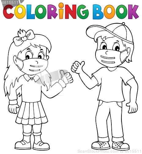 Image of Coloring book kids in medical masks 1