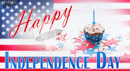 Image of cupcake with candle on american independence day