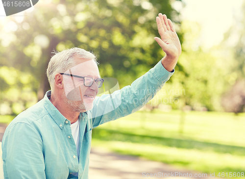 Image of happy senior man waving hand at summer park