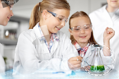 Image of kids with test tube studying chemistry at school