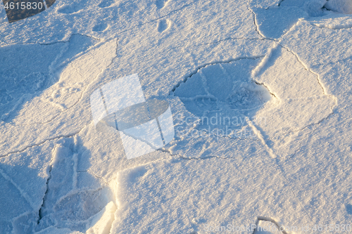 Image of traces of shoes in the snow close-up