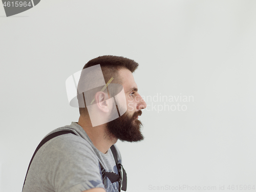 Image of portrait of bearded hipster handyman