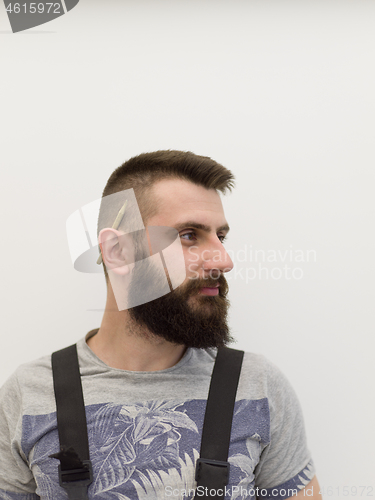 Image of portrait of bearded hipster handyman