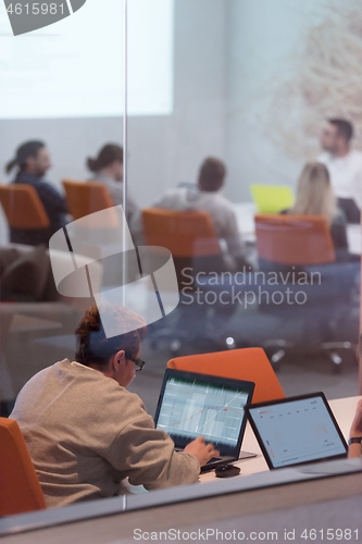 Image of businesswoman using a laptop in startup office