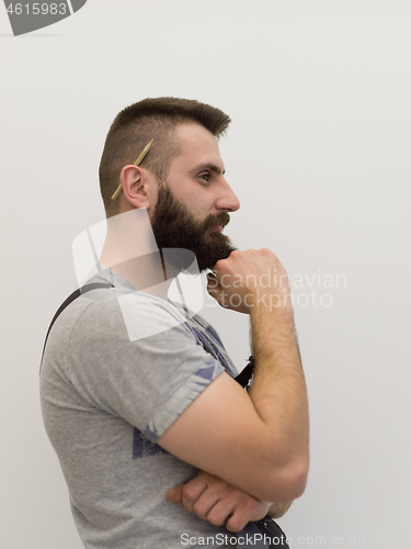 Image of portrait of bearded hipster handyman