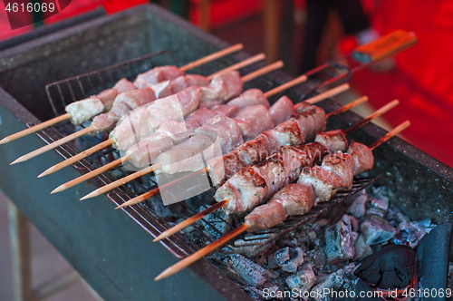 Image of grilling shashlik on a barbecue skewer